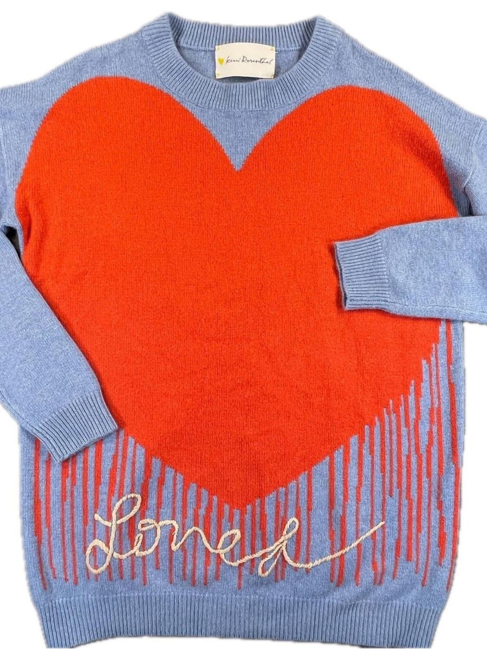 Kerri Rosenthal Blue Crewneck Sweater with Bold Red Heart